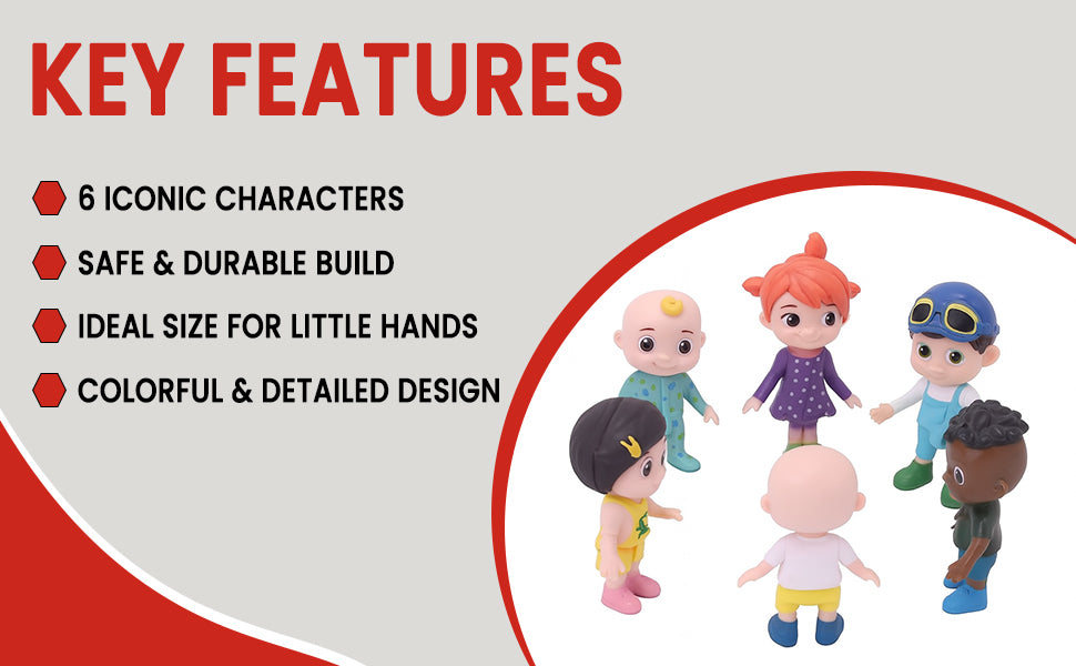 Toy figures with key features listed on a red and white background